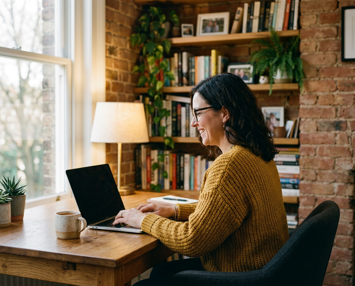 A coach smiling as she works at a laptop in a sunlit home office (generated image)
