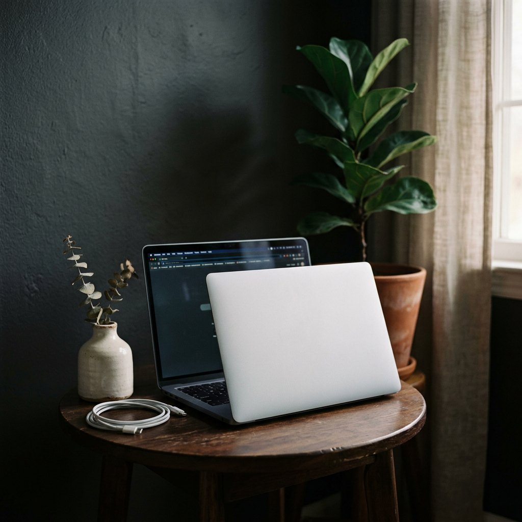 A closed laptop on a small wooden table beside a plant and a window (generated image)